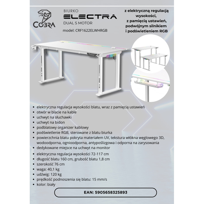 Ігровий стіл Cobra Electra S CRF1622ELWHRGB, білий, 160 см