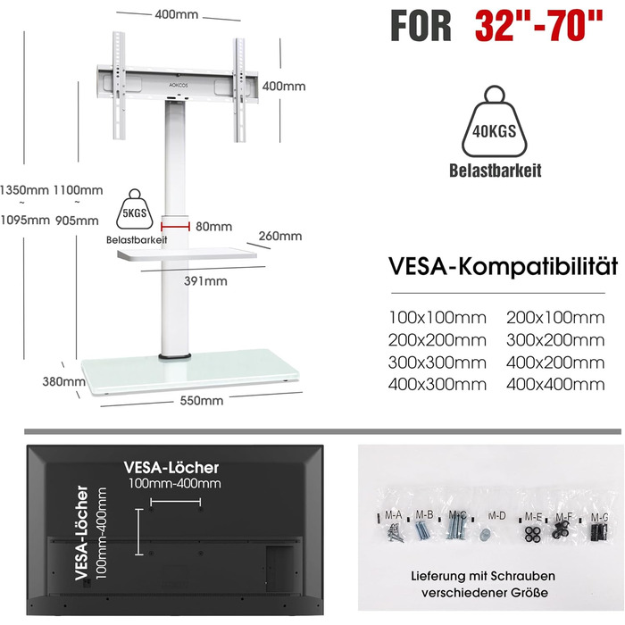 AOKCOS TV Stand - Adjustable Height, Swivel & Tilt Floor Stand for 32-70 inch TVs (up to 40kg, VESA 400x400mm)
