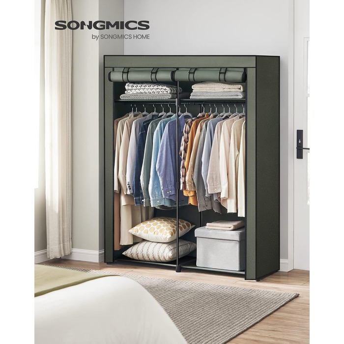 SONGMICS Storage Cabinet, Portable, with Hanging Rod, Foldable, Wardrobe, Bedroom, Office, 140 x 43 x 174 cm, RYG02GY (Beige Green)