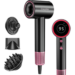 Іонізатор для волосся CrazyMar – фен з потужним мотором 180 000 об/хв, швидка сушка, компактний, для подорожей, створення локонів, 4 температурні режими, захист від перегріву, тиха робота, чорний