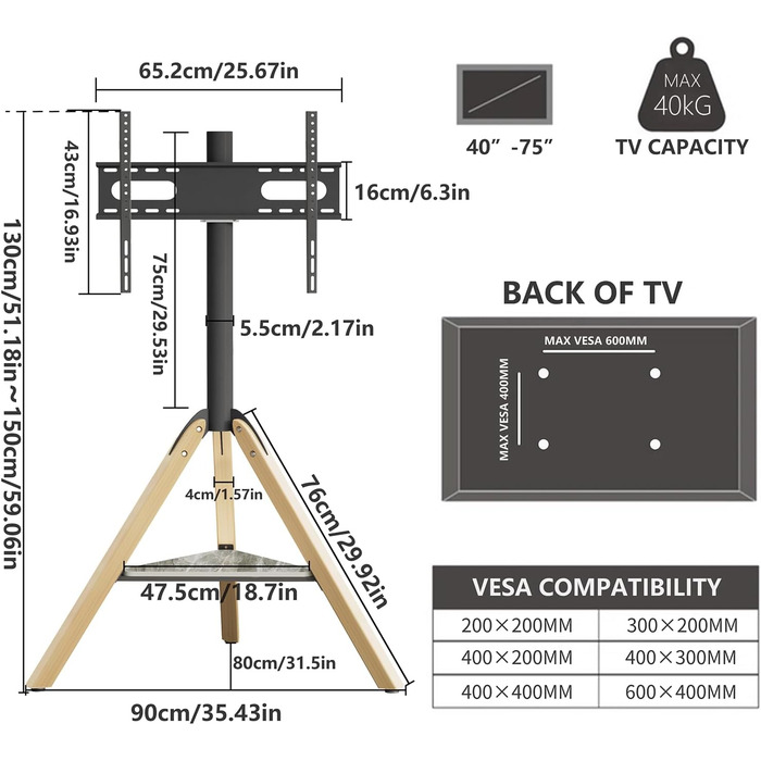 Підставка для телевізора Vanconwey Boden-TV-Ständer для LED/LCD екранів 40-75 дюймів, кутова, поворотна, з полицею з синтетичного каменю, VESA 600x400mm, до 40 кг