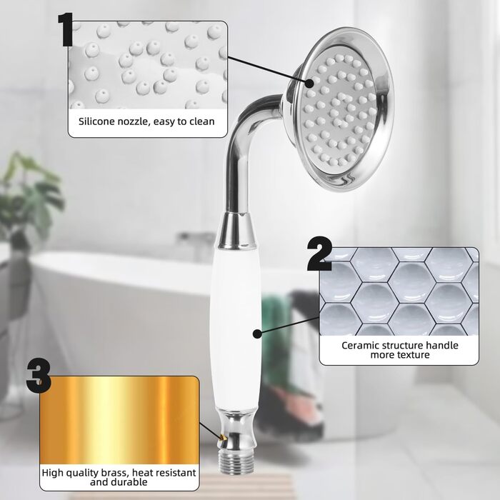 Delnet Classic High-Pressure Shower Head, Chrome, Traditional Telephone Style, Hand Shower and 1.5m Hose