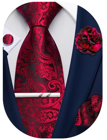 Набір краваток для чоловіків: краватка, нагрудна хустинка, краваття, затискачі для краваток, застібка для краватки, 5 шт. чорний/червоний, для весілля, формальний стиль