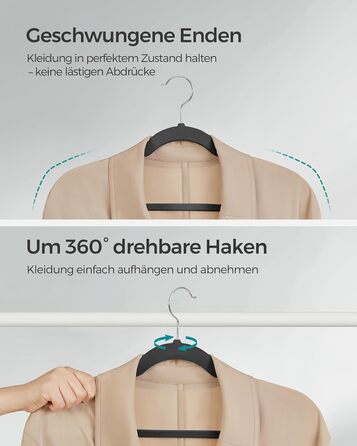 Набір вішалок для одягу SONGMICS, 50 шт., чорного кольору, з неслизьким покриттям, для штанів та одягу, 360° обертання, 43 см, 0,6 см товщина