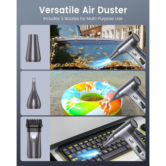 Електричний повітряний дмухач з HD-дисплеєм - 200000 обертів/хв, LED-підсвічування, акумуляторний міні-дмухач, спрей для чищення ПК, повітряний дмухач для клавіатури, дому, авто, W06, сріблястий