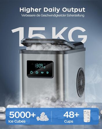 Машина для приготування льоду KeeGone з нержавіючої сталі з LED-дисплеєм, 2L бак, лопатка та кошик, 2 розміри кубиків льоду, для кухні, офісу, бару та вечірки