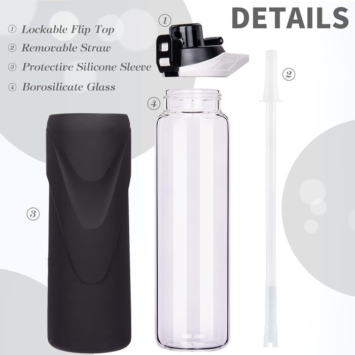 1 liter / 1l Drinking Bottle Glass with Straw, BPA-Free Glass Bottle with Silicone Sleeve, Borosilicate Glass Water Bottle (Deep Black)