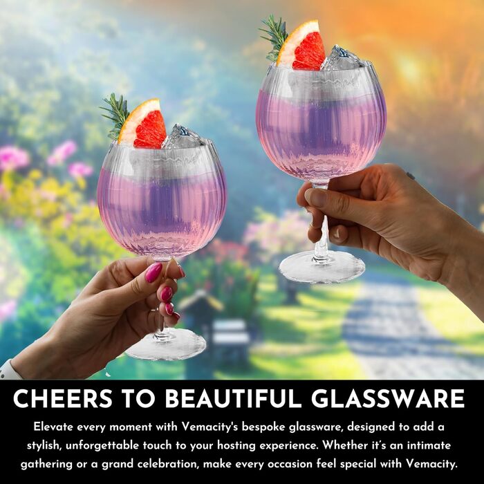 Vemacity Twisted Gin & Tonic Glass Set | 2 Handcrafted Gin Glasses, Rose Gold Bar Spoons, Spirits Measuring Jigger, 2 Metal Straws, Pourer & Recipe PDF | Cocktail Set
