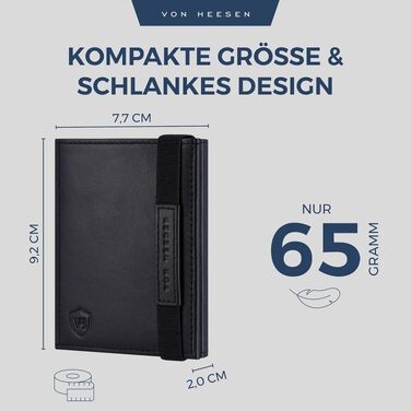 Шкіряний тонкий гаманець VON HEESEN з RFID-захистом, компактний картхолдер для чоловіків та жінок, чорний (гладка шкіра, без монетниці)
