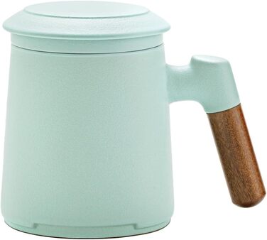 ZENS Teacup with Lid and Infuser, 360 ml Wooden Handle Teacup with Tea Strainer and Lid for Loose Leaf Tea, Matte Ceramic Teacups Gifts for Tea Lovers, Hand-Sprayed Light Green Glaze