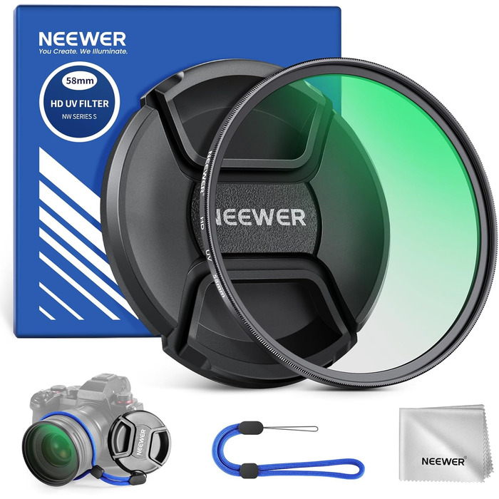 Фільтр NEEWER MC UV 58mm з кришкою для об'єктива: захист, нанопокриття, HD скло, водонепроникність, стійкість до подряпин, ультратонкий алюмінієвий корпус