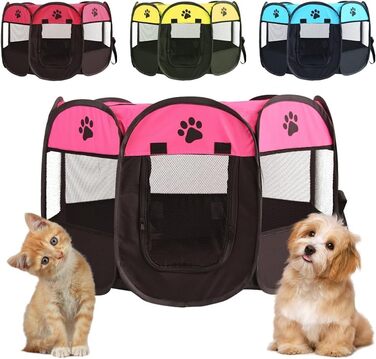 Розкладний вольєр для цуценят та котів, вольєр для тварин, 74x74x43 см, для собак, котів, кроликів, дрібних тварин (рожевий + чорний)