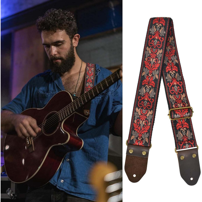 Гітарний ремінь з бавовни для акустичної гітари, 2 шт. Вишитий гітарний ремінь для бас-, електро- та акустичних гітар, безкоштовна пряжка, замок для ременя та медіатор, ретро-червона квітка