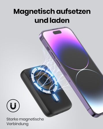 Магнітний повербанк сумісний з чохлом MagSafe, 10000mAh, бездротова швидка зарядка, USB-C вхід/вихід, зовнішній акумулятор для iPhone 15 14 13 12 Pro Max