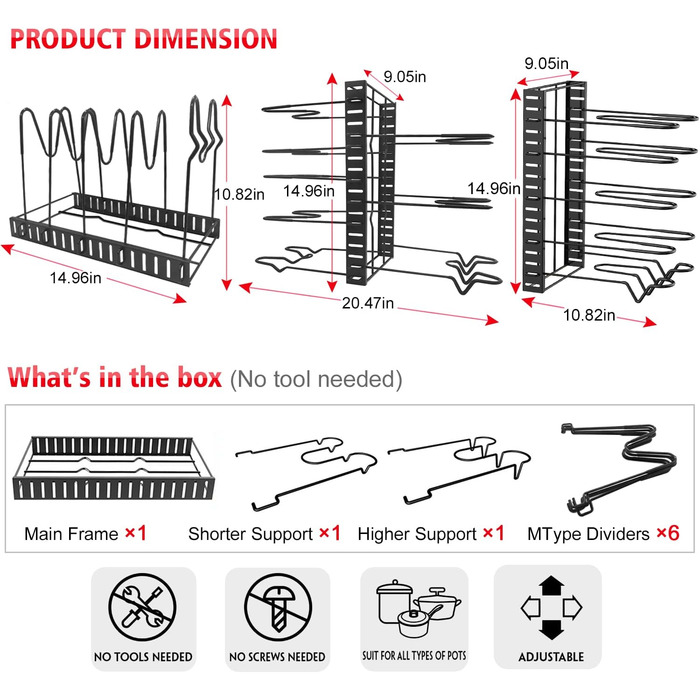 G-TING Pot Rack, 8 Tiers, Pot and Pan Organizer, Adjustable Lid Holders & Pan Rack for Kitchen, Countertop and Cabinet, Lid Organizer for Pots
