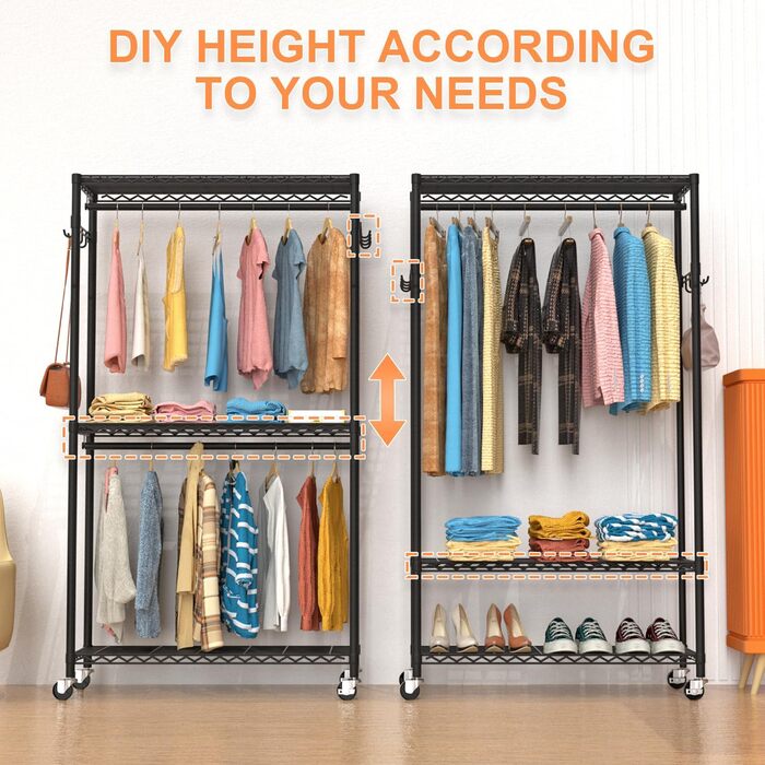 Clothes Rack, Clothes Rack, 4-Tier, Adjustable Closet Organizer System with Drawer | Double Rods | Side Hooks | Holds 445 lbs (Clothes Rack with 4 Drawers)