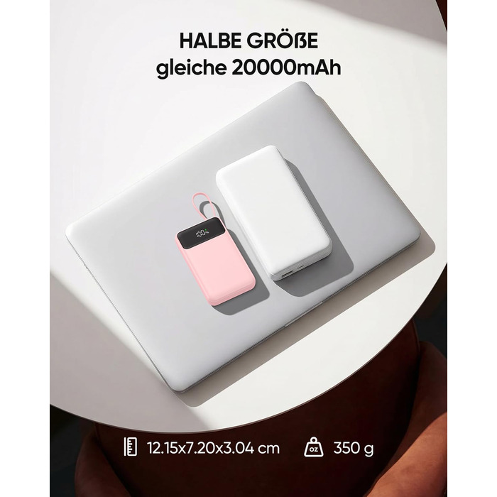 Компактний зовнішній акумулятор ADDTOP 20000mAh з 4 вбудованими кабелями, швидка зарядка 22.5W, рожевий