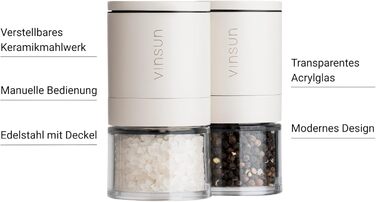 Набір з 2 мельниць для солі та перцю Vinsun - керамічний механізм, регульовані, ручні, нержавіюча сталь, кремово-білі