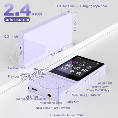 MP3 плеєр 64GB Bluetooth 5.3 з динаміком, записом голосу, E-book, HiFi звук, фіолетовий. Підтримка TF карти 128GB для спорту