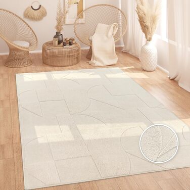 Paco Home Rug Living Room Bedroom High Pile Scandinavian Pattern Boho Look Solid Soft 3D Look Abstract Washable Cream, Size: 120x160 cm 120 x 160 cm (Rectangular) Cream - Geometric 1
