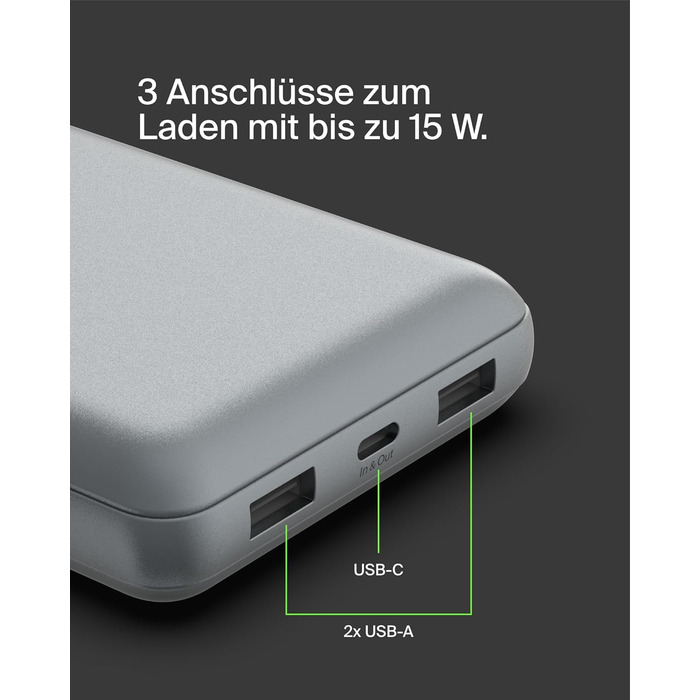 Powerbank Belkin 20000mAh з USB-C та USB-A, 20K, сірий, для iPhone, Galaxy, Pixel, iPad, AirPods