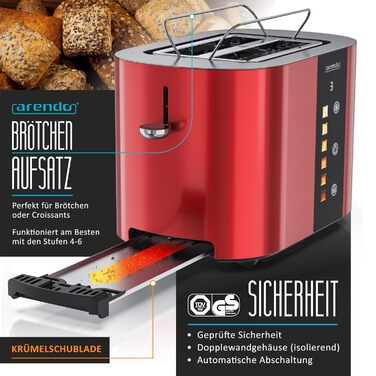 Тостер Arendo з нержавіючої сталі, 2 відділення, сенсорний дисплей, подвійні стінки, 800 Вт, підставка для тостів, 6 рівнів підсмажування, центрування хліба, індикатор часу, функція пам'яті (колір: кармінний)