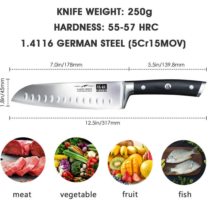 Кухонний ніж Santoku SHAN ZU 18 см з німецької нержавіючої сталі, надгостре лезо, ергономічна ручка, подарункова упаковка