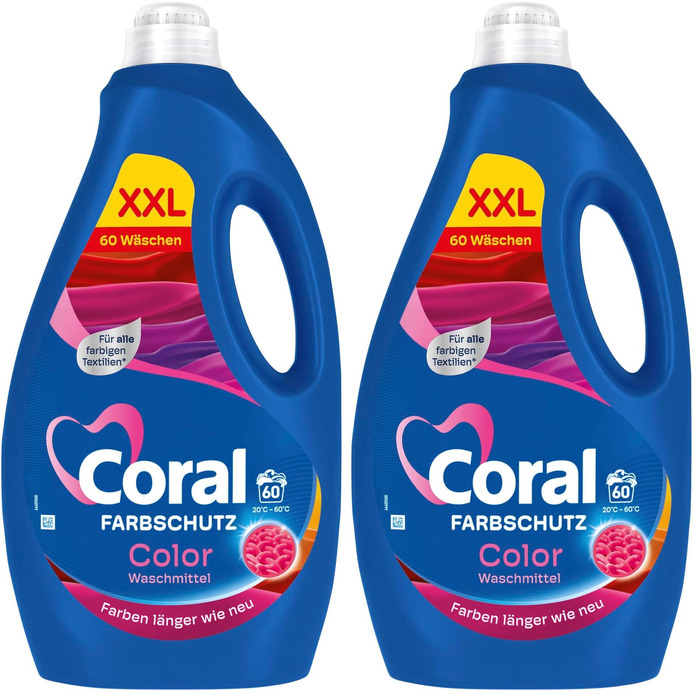 Рідкий пральний засіб для кольорових речей Coral Optimal Color XXL з формулою захисту кольору, 60 прань (набір 2 шт)