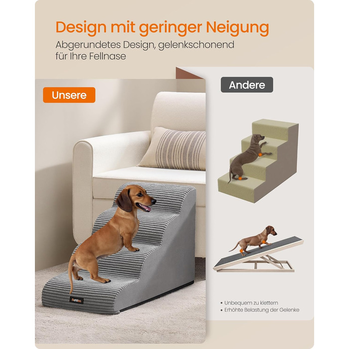 Сходинки для собак Feandrea, 3 ступені, для маленьких собак, котів, водонепроникні, з неслизьким покриттям, знімний чохол, сірого кольору PPS003G01 (4 ступені, 72 см)