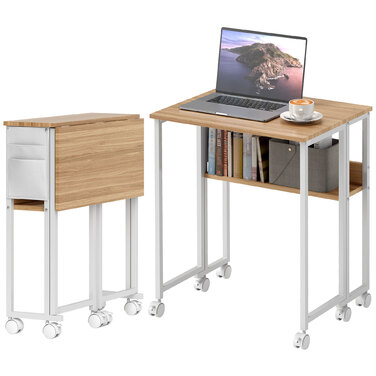HOMCOM Folding Desk Small 63 cm Folding Desk with Wheels Space-Saving Computer Desk with Shelf, Storage Bag, for Home Office, Natural | Aosom