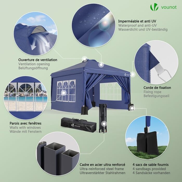 VOUNOT® Gazebo 3x3m Waterproof Stable Winterproof, Pop-Up Folding Gazebo with 4 Side Walls and 3 Sandbags, Folding Party Tent Garden Tent Garden Gazebo incl. Bag, Green (pop up gazebo blue)