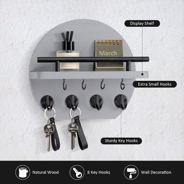 Настінна вішалка для ключів Nekon з полицею та 8 гачками, 24.8 см, сірий колір, декор для дому