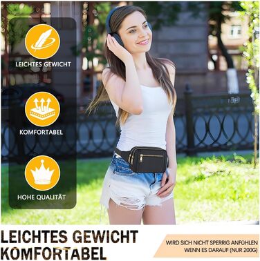 Чоловіча та жіноча поясна сумка Bauchtasche, стильна сумка на пояс для фестивалю, з регульованим ремінком та кількома кишенями, чорна. Підходить для бігу, спорту, прогулянок з собакою.