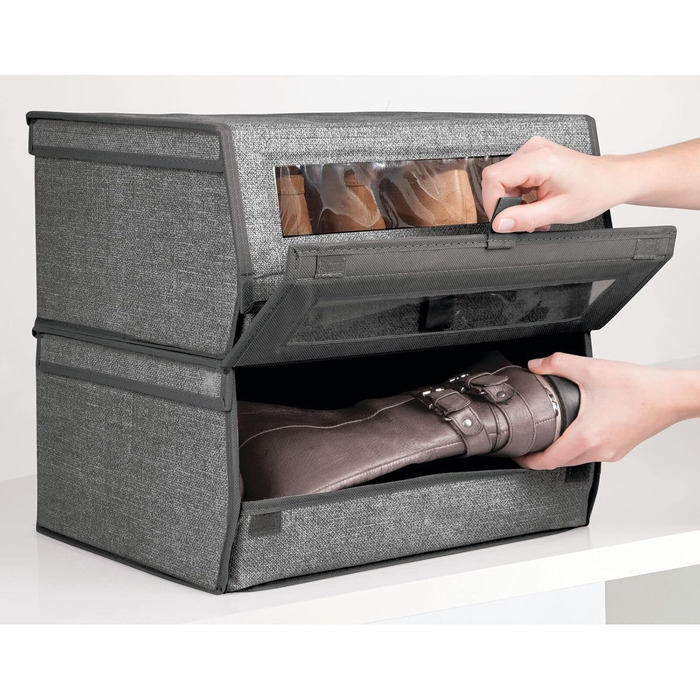 mDesign 8-Piece Fabric Shoe Storage Set – Stackable Shoe Box with Viewing Window, Velcro Closure, and Flip-Top Lid – Storage Box for Closet or Shelf – Dark Gray