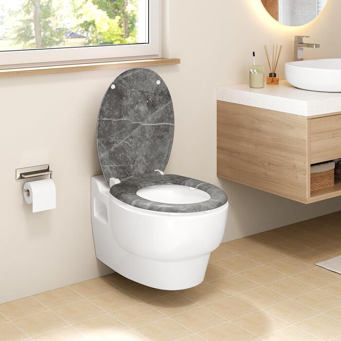 Кришка унітаза WOLTU з мікроліфтом (Softclose) та функцією швидкого зняття, овальна, Duroplast, колір сірий мармур
