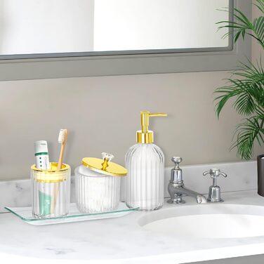 Haturi Bathroom Accessory Set, 4-Piece, Glass Bathroom Accessory Set, Complete with Lotion Soap Dispenser, Toothbrush Holder, Apothecary Jar, Vanity Tray, Bathroom Decor, Gift for (Transparent)
