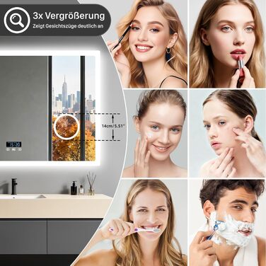 Дзеркало для ванної кімнати LUVODI з підсвічуванням 100x70 см: годинник, температура, дата, проти запотівання, регулювання яскравості, 3 кольори світла, функція пам'яті, LED, водонепроникність, збільшення 3x, Bluetooth