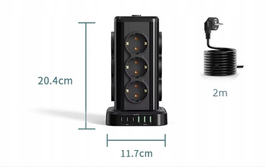 Мережевий фільтр Perys: 12 розеток, 3x USB-A, 3x USB-C, 2 м, чорний