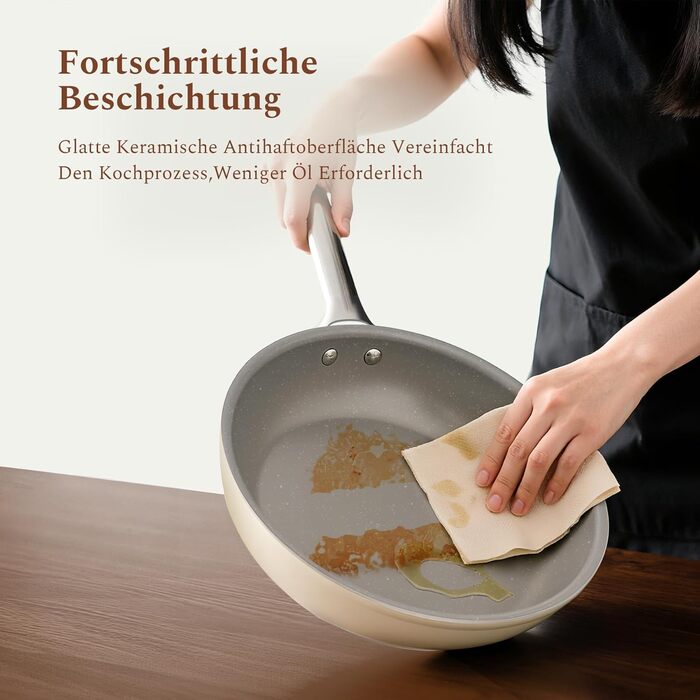 Набір сковорідок Koch Kode з керамічним покриттям 20/24/28 см, з нержавіючою ручкою, для індукційних плит, без PTFE та PFOA, придатні для миття в посудомийній машині та випікання, бежевий