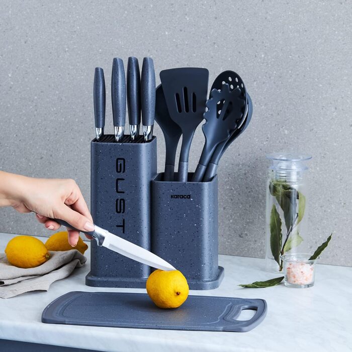 Набір ножів Karaca Gusto 12 предметів з обробною дошкою та кухонними аксесуарами. Ножі з нержавіючої сталі, ергономічні ручки. Кухонний набір, чорний (сірий)