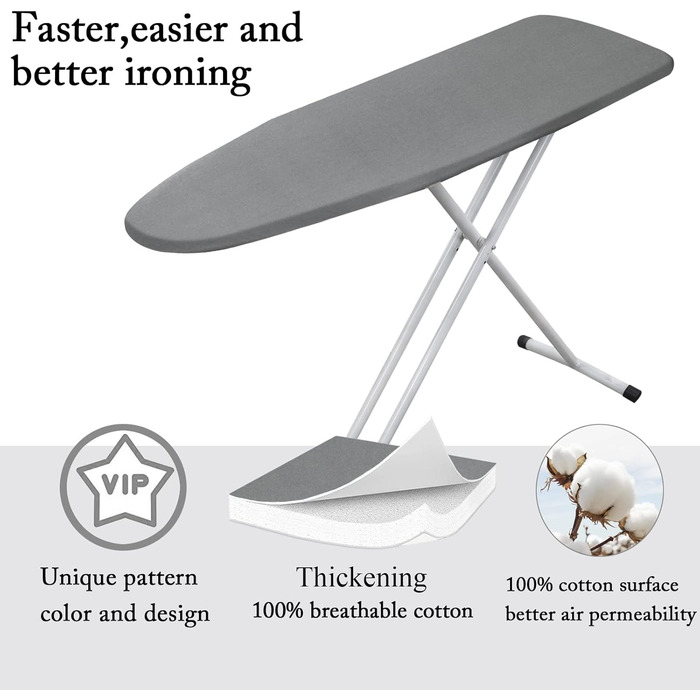 Чохол для гладильної дошки, 140 x 50 см, великий, з бавовни 100%, товстий, антиковзкий, сірий, XXL
