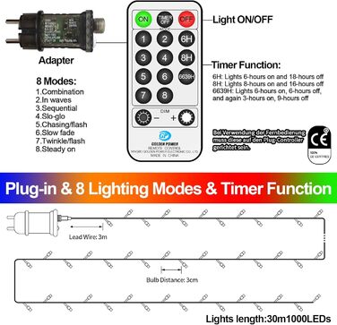 Ланцюжок LED-ліхтарів на батарейках: 1000 LED, тепле світло, для дому та вулиці, з пультом, для вечірки, весілля, декору ялинки