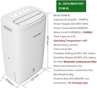 Зволожувач повітря Greenmigo 13л/24г - Електричний зволожувач для дому, підвалу, шафи. Захист від вологи та плісняви. 13л/24г, 50м²