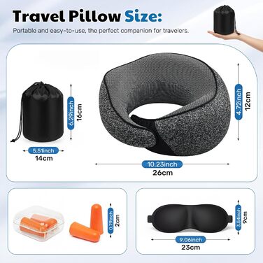 Подушка для шиї у літак, подушка для подорожей, з навушниками та маскою для очей, сіра