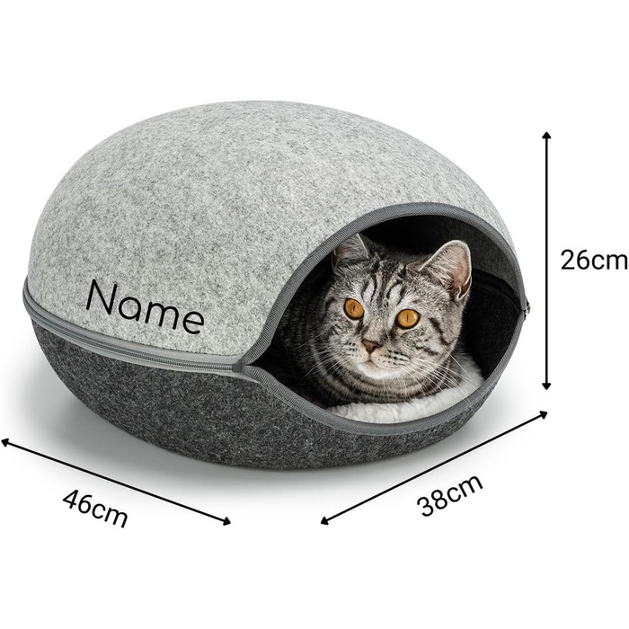 Lionto Cat Cave made of robust felt, cozy cuddle cave with zipper, 46x38x24 cm, comfortable and modern cat bed with soft and washable cushion, grey (with name tag)