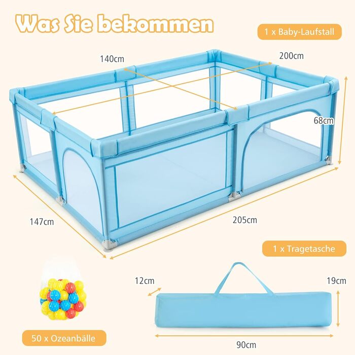 Манеж DREAMADE 200x140 см для дітей, з 50 кульками та сумкою, ігровий паркан для малюків, для дому та вулиці, синій, без матраца