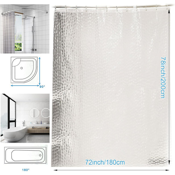 Шторка для душу AiQInu 180x200 см, 3D Eva, прозора, антигрибкова, водонепроникна, для ванної кімнати, з 12 гачками