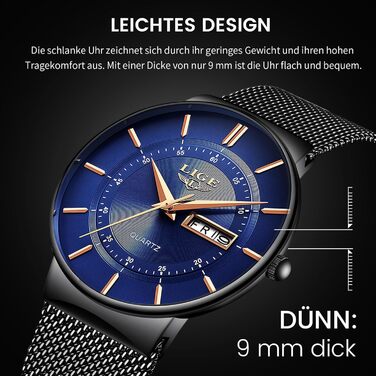 Годинник чоловічий LIGE з датою, водонепроникний, з нержавіючої сталі, вінтажний стиль, кварцовий механізм, чорний колір, з ремінком з нержавіючої сталі, класичний дизайн, для бізнесу, подарунок для чоловіків, блакитний/чорний колір