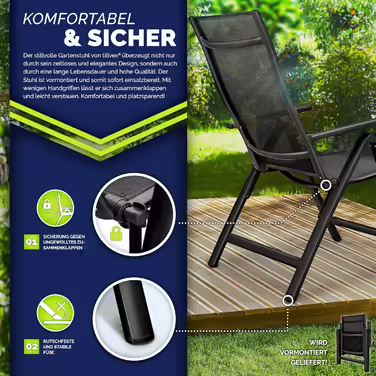 tillvex Premium Garden Chair 1 Piece Folding Aluminum | High Back with Armrests | Adjustable Folding Chair | Folding Armchair Balcony Garden Terrace 1 Piece (Black, 2 Pieces)