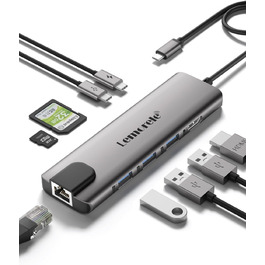 Lemorele Док-станція USB C хаб 9-в-1 з Ethernet: 2xHDMI 4K, 3xUSB 3.0/2.0, VGA, PD 100W, SD/TF, для Windows, MacBook, Dell, HP, Lenovo, Surface